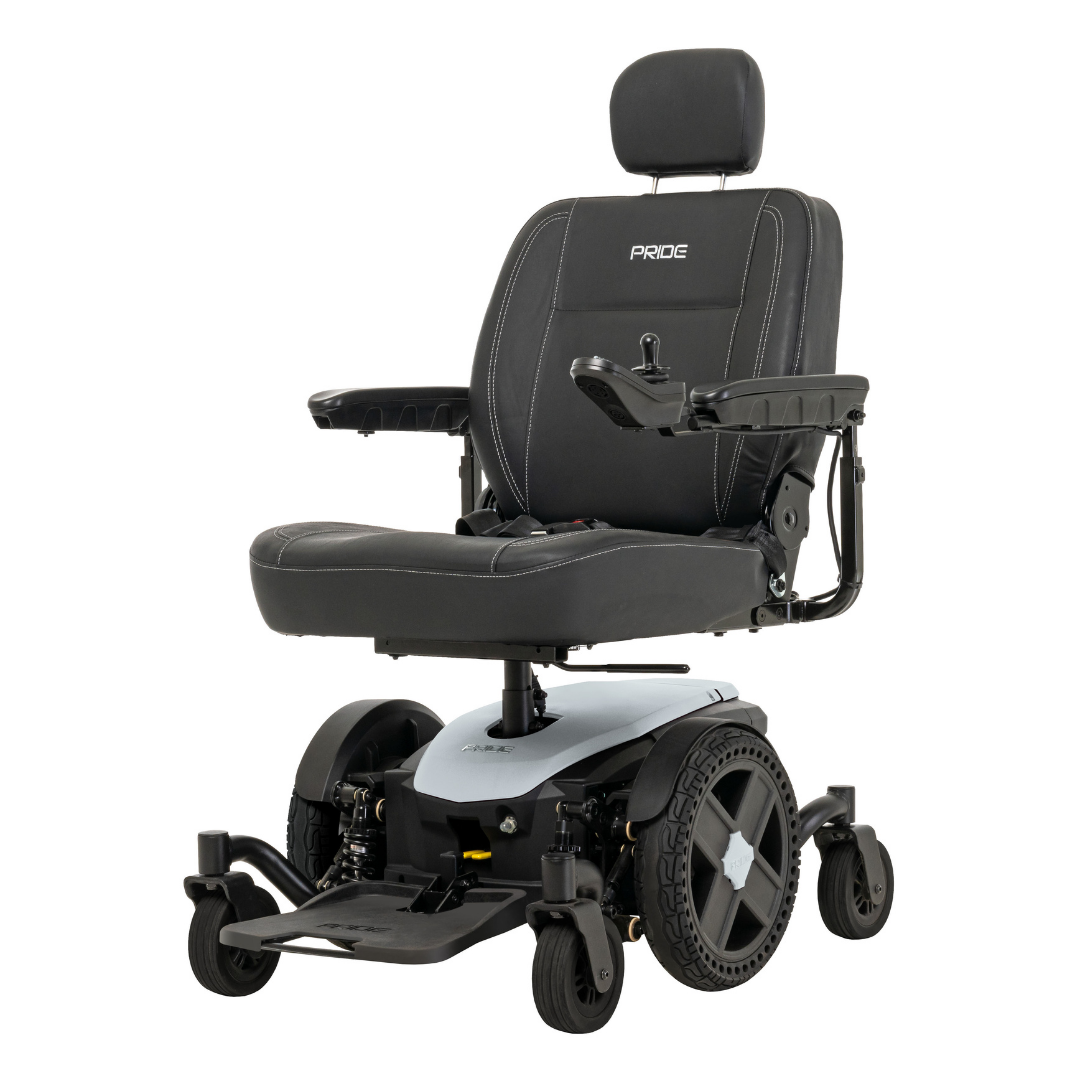 The Pride Mobility Jazzy® EVO 614 HD Bariatric Powerchair with ATX Suspension in black features a padded seat, headrest, armrests, joystick control, large rear wheels, and small front wheels for superior comfort and maneuverability.